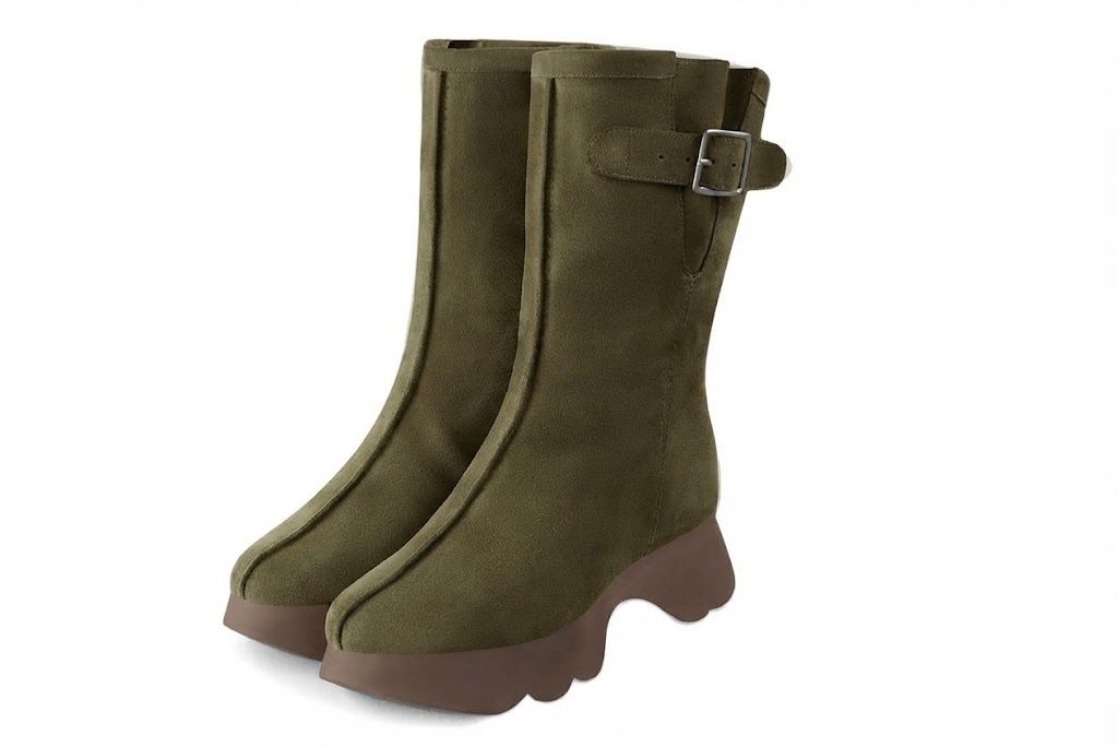 Women's olive green inside-zip ankle boots with round toe and chunky rubber sculpted sole - Front view